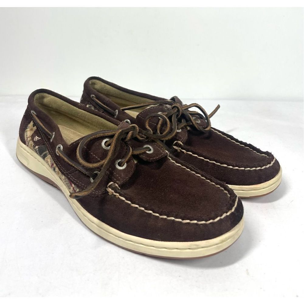 Sperry Top Sider Brown Leather & Plaid Boat Shoes Women Size 8.5